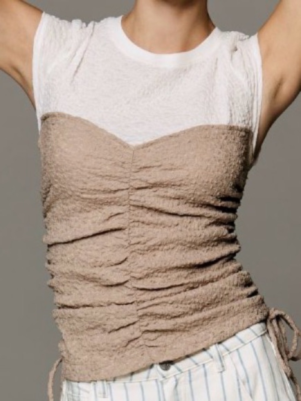 Anthropologie White & Beige Ruched Two-Tone Camisole like top